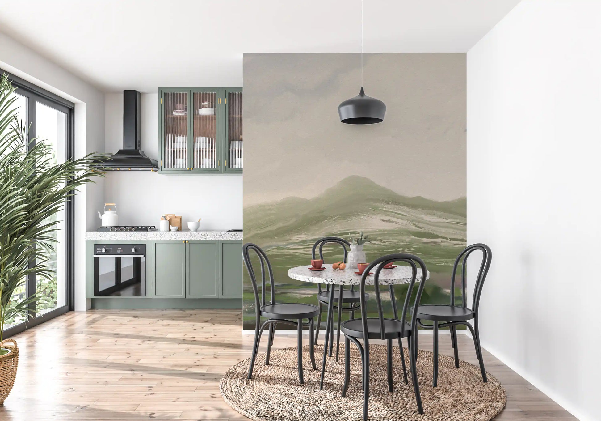 Dining room styled around the painterly pastoral landscape wall mural in green