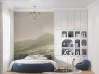 Pastoral abstract landscape wall mural with soft sage hills and a hazy cream sky