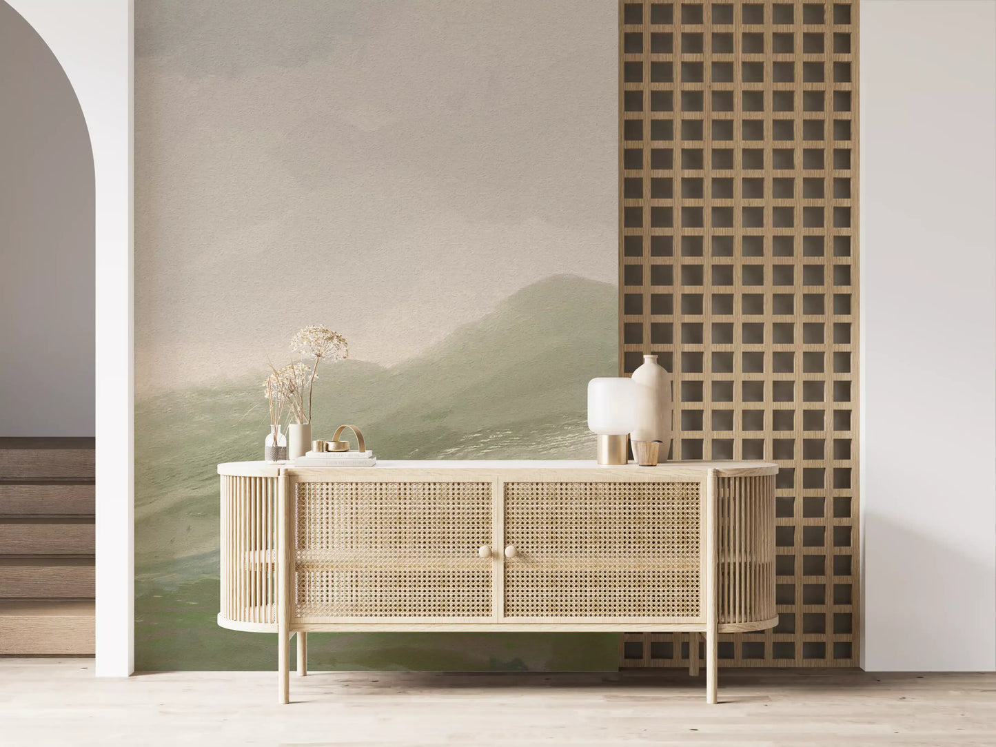 Loose painterly strokes shape the abstract hills mural in olive and beige shades