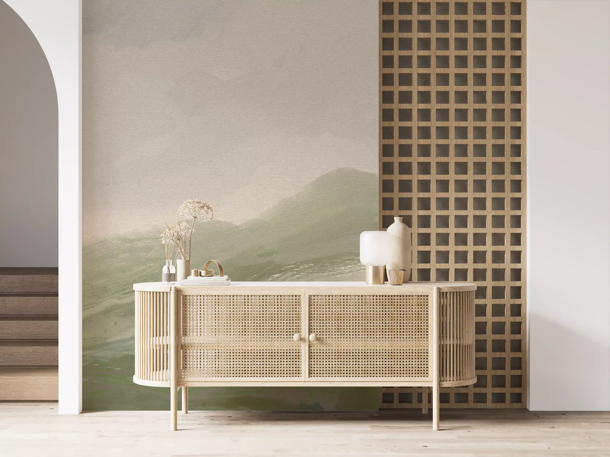 Loose painterly strokes shape the abstract hills mural in olive and beige shades