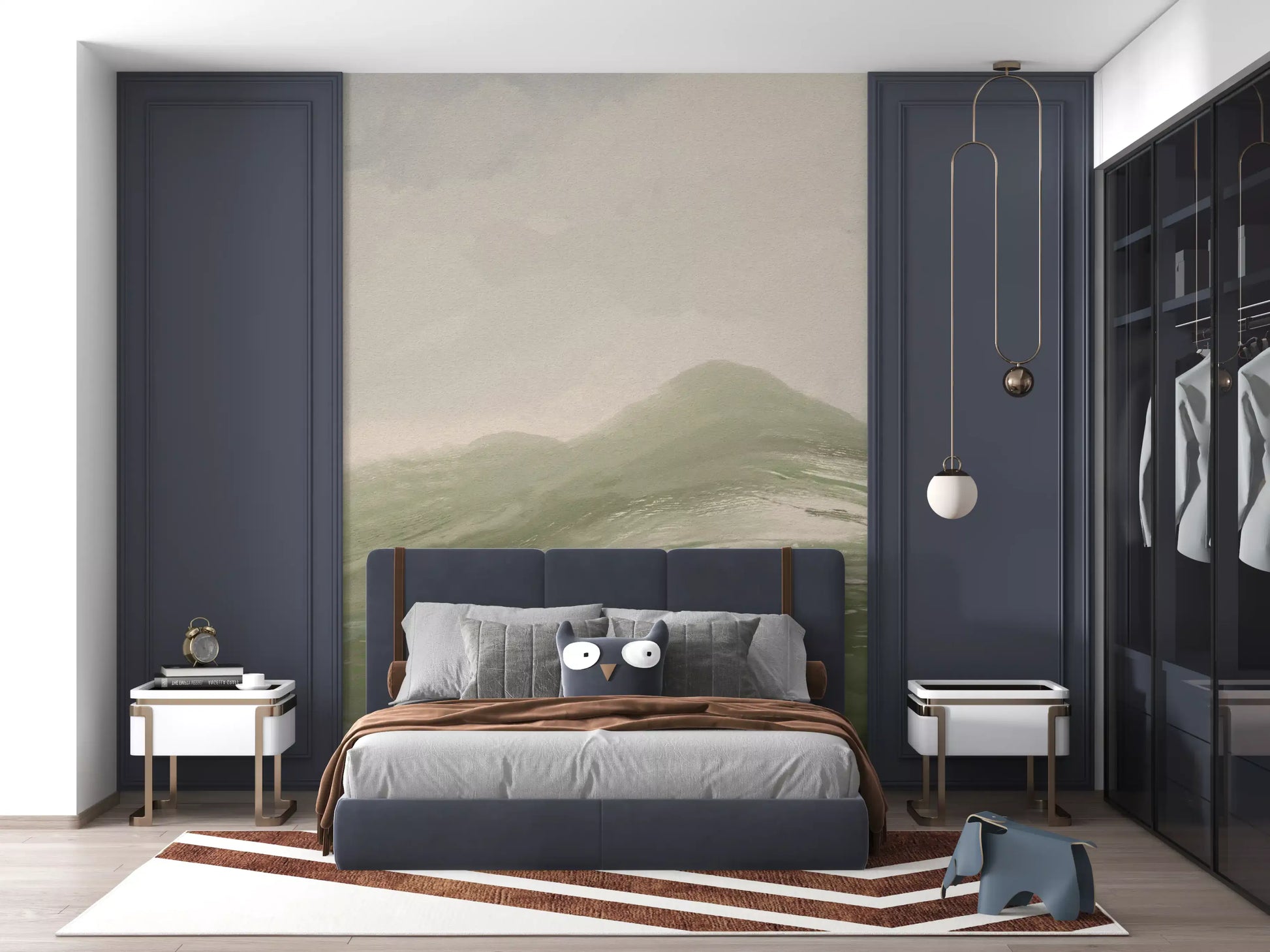 Brushed meadow tones flow across the painterly landscape wall mural in muted green