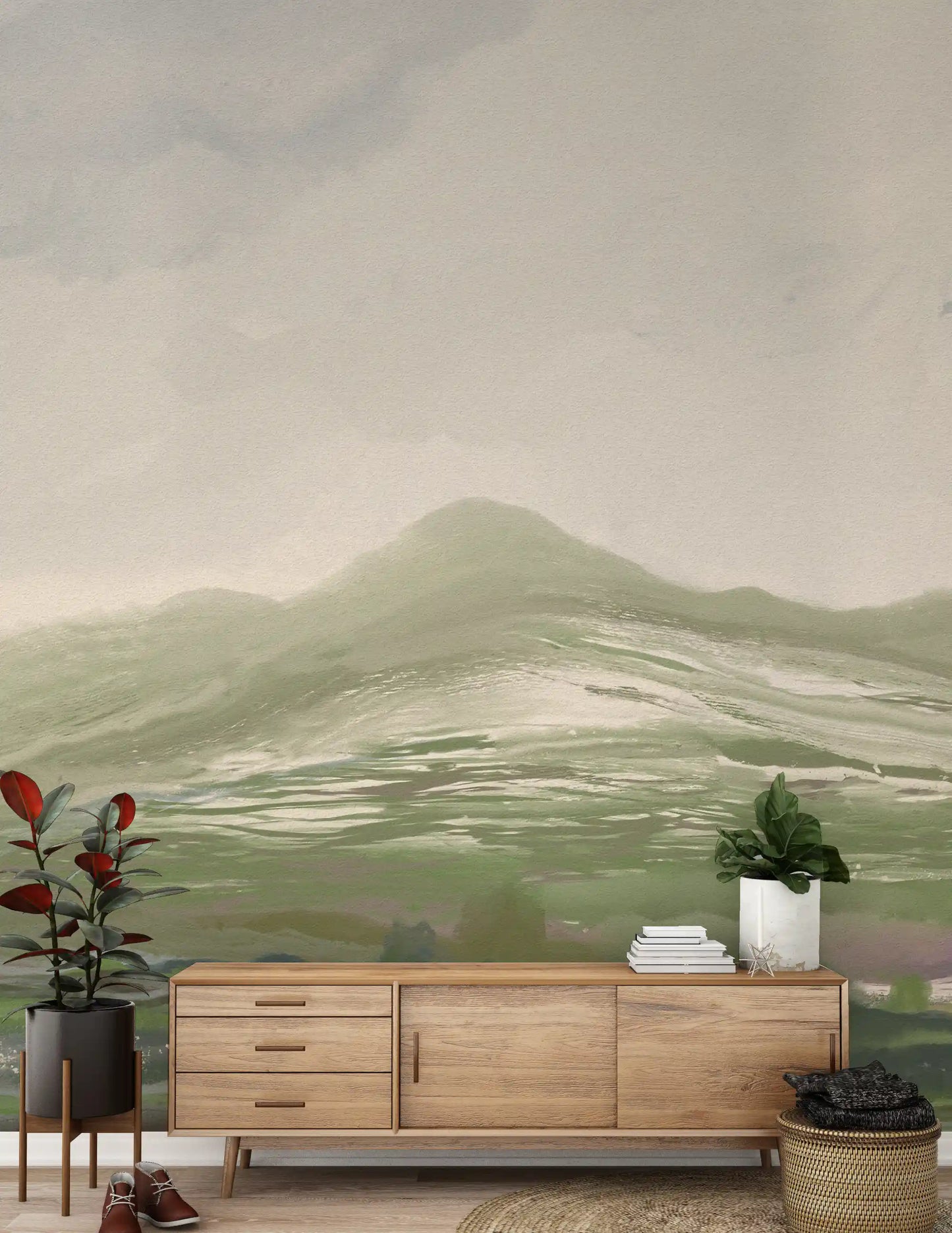 Watercolour mountain silhouette rises within the pastoral landscape mural composition