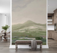 hallway backdrops paired with the abstract hills mural and its quiet painterly horizon
