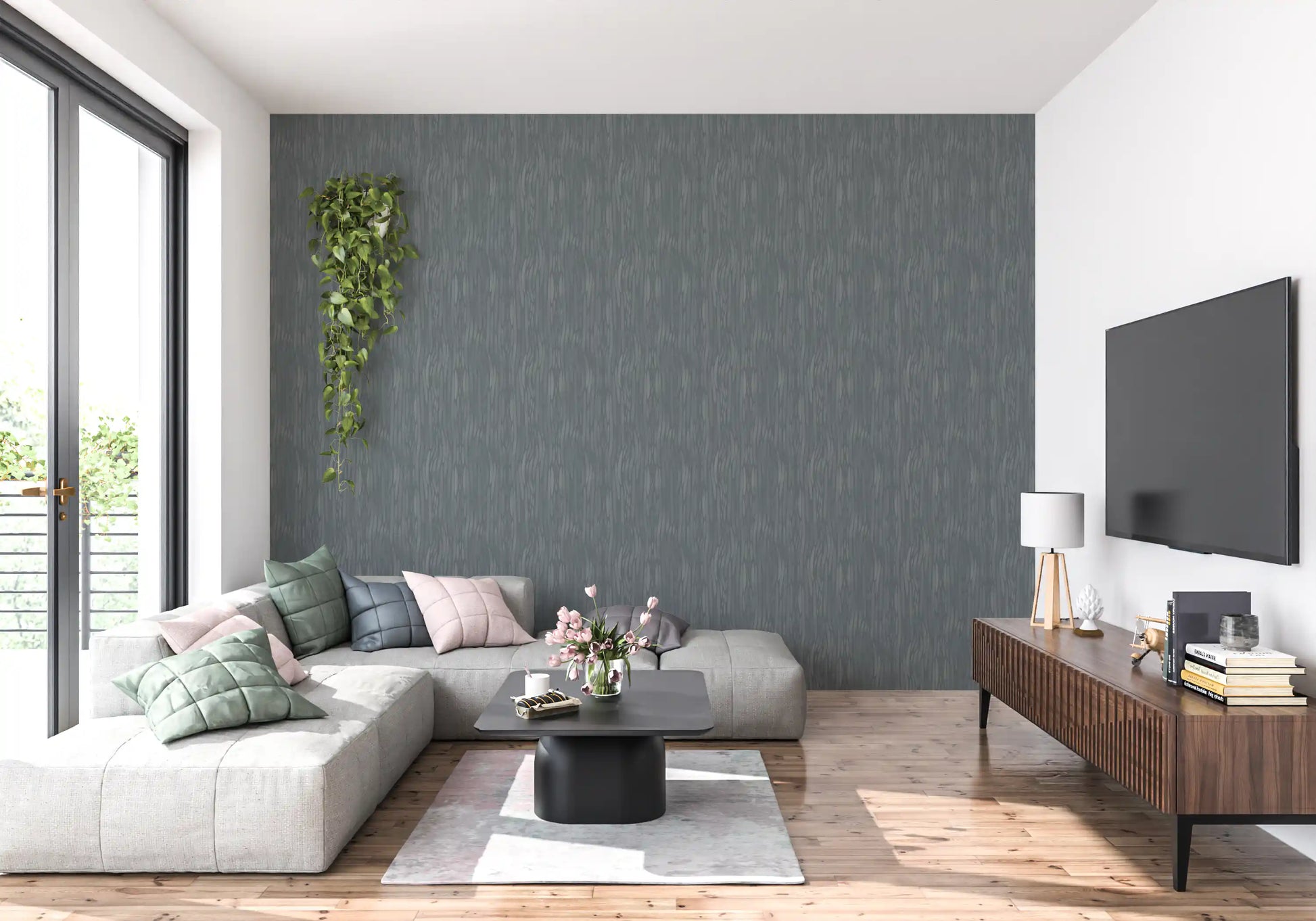 A quiet lounge corner takes on vertical texture from the moody strokes wallpaper