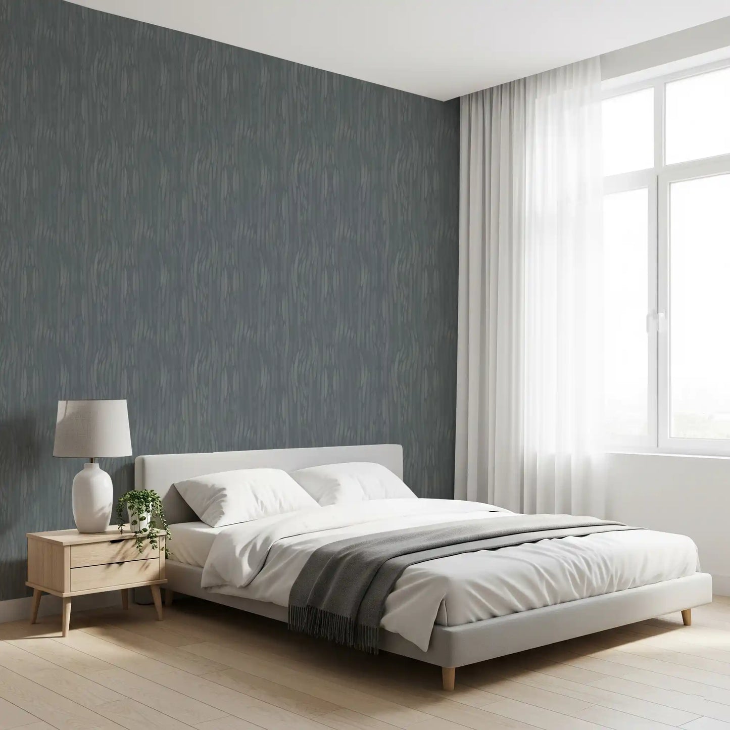 Vertical brushstrokes flow down this whispering greige waves wallpaper
