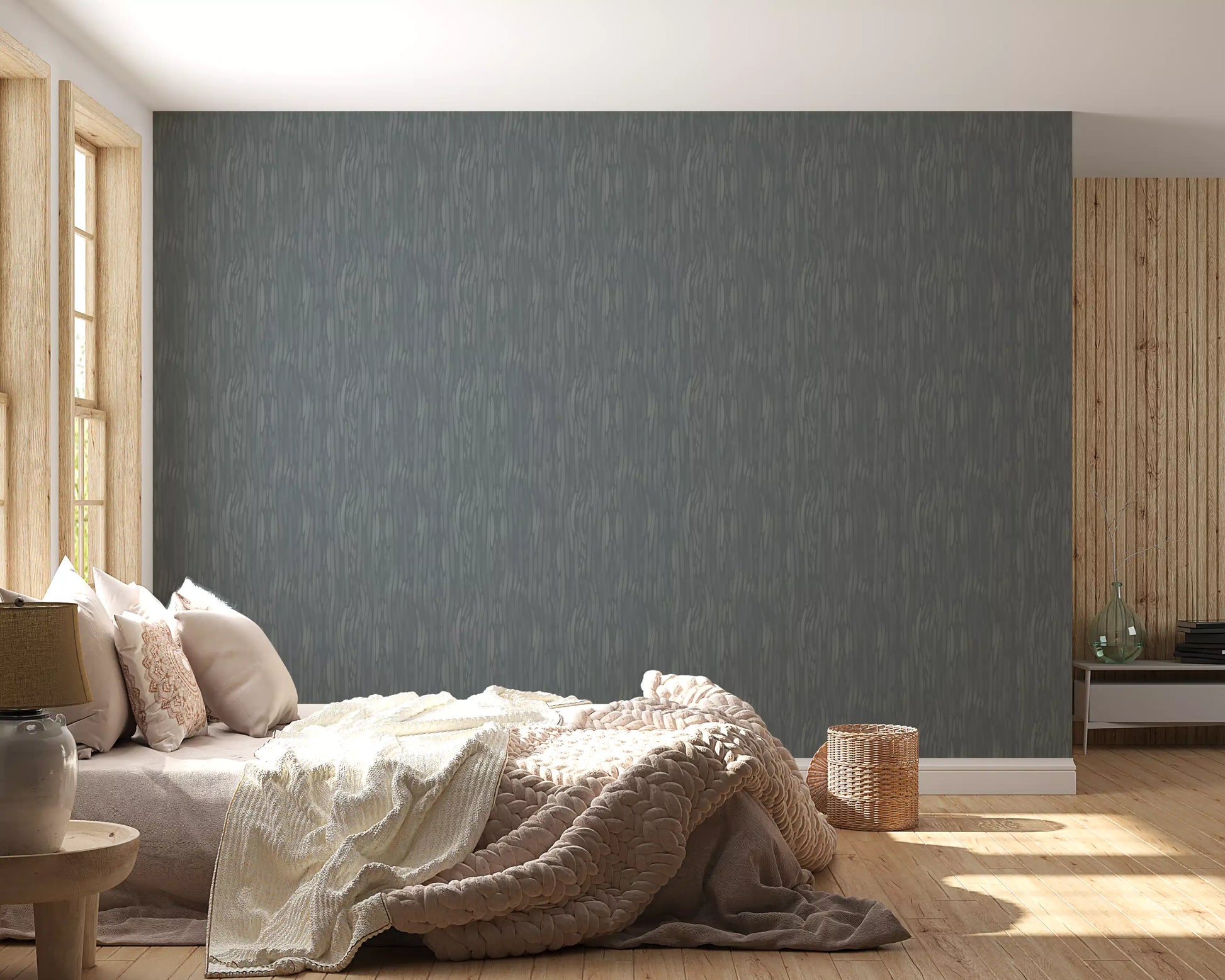 Calm daylight fills a bedroom paired with the whispering greige wallpaper