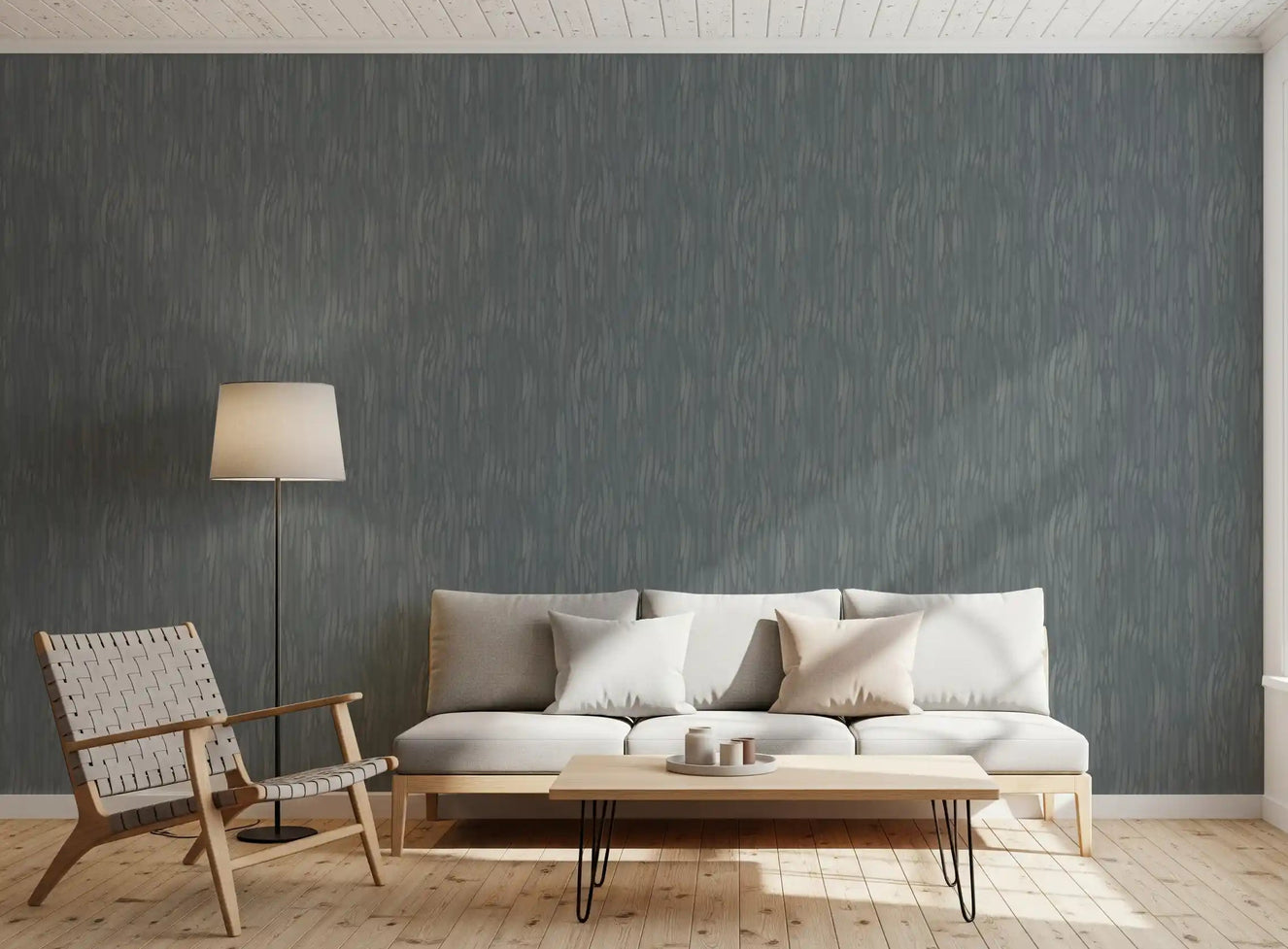Greige waves wallpaper sets a calm, painterly tone in this open living room