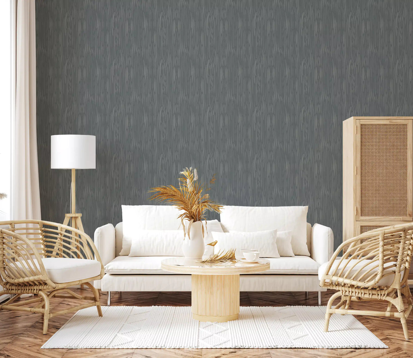 Neutral living room sits in front of the painterly greige wallpaper backdrop