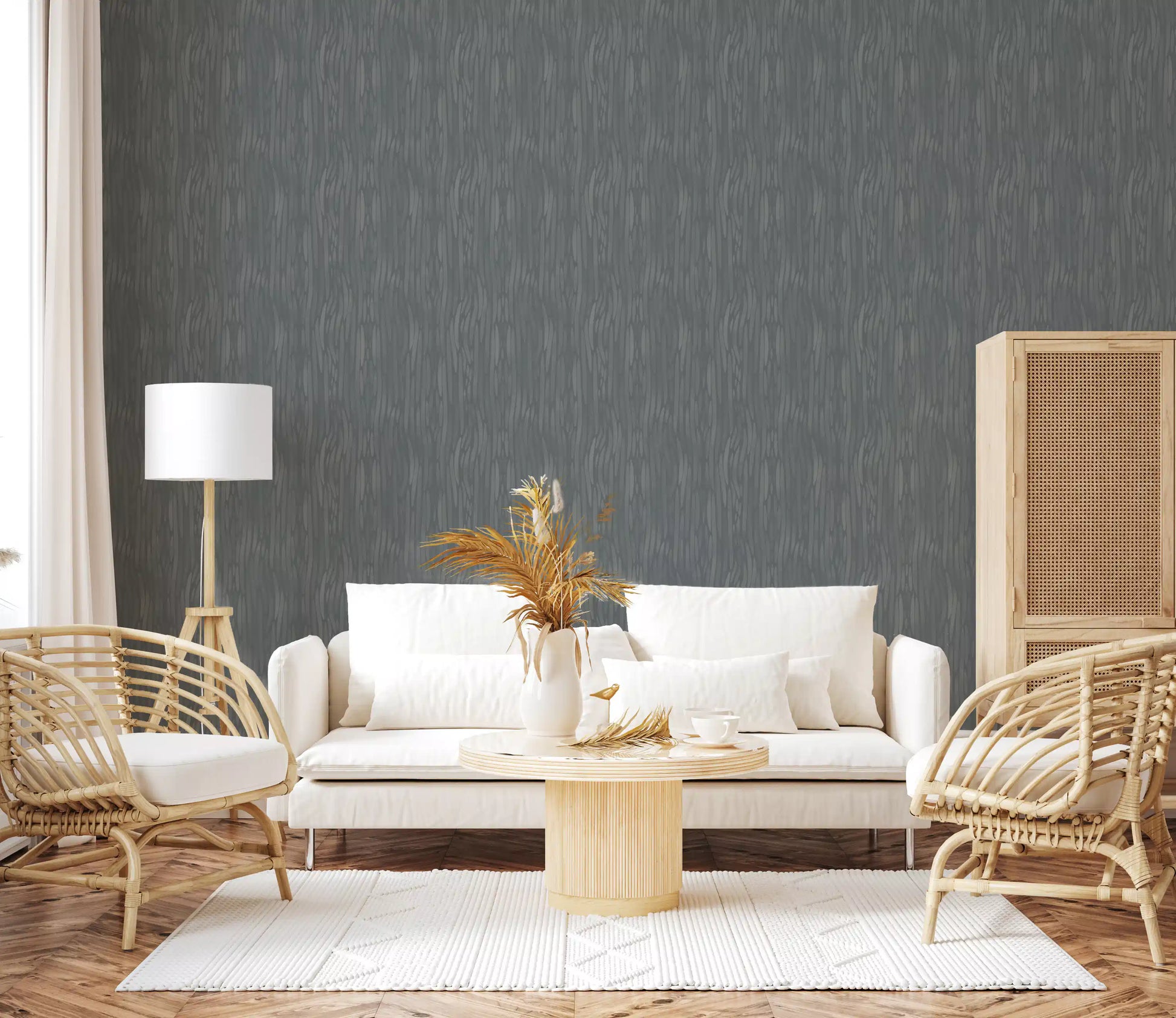 Neutral living room sits in front of the painterly greige wallpaper backdrop