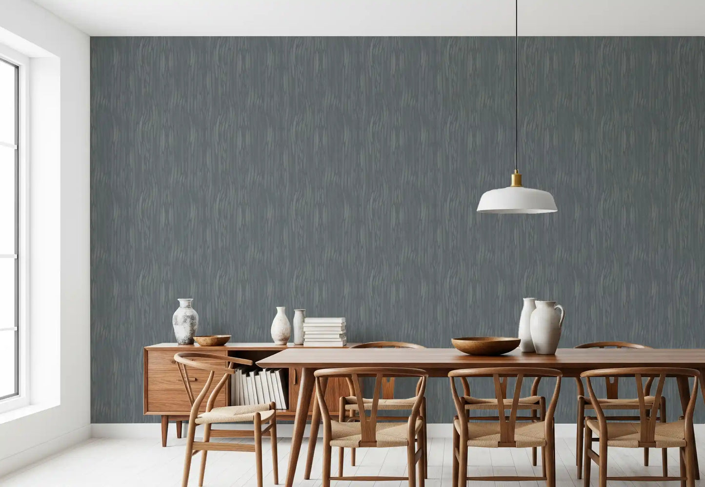 Dining room turns atmospheric with whispering greige wallpaper along the 
