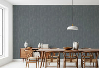 Dining room turns atmospheric with whispering greige wallpaper along the 