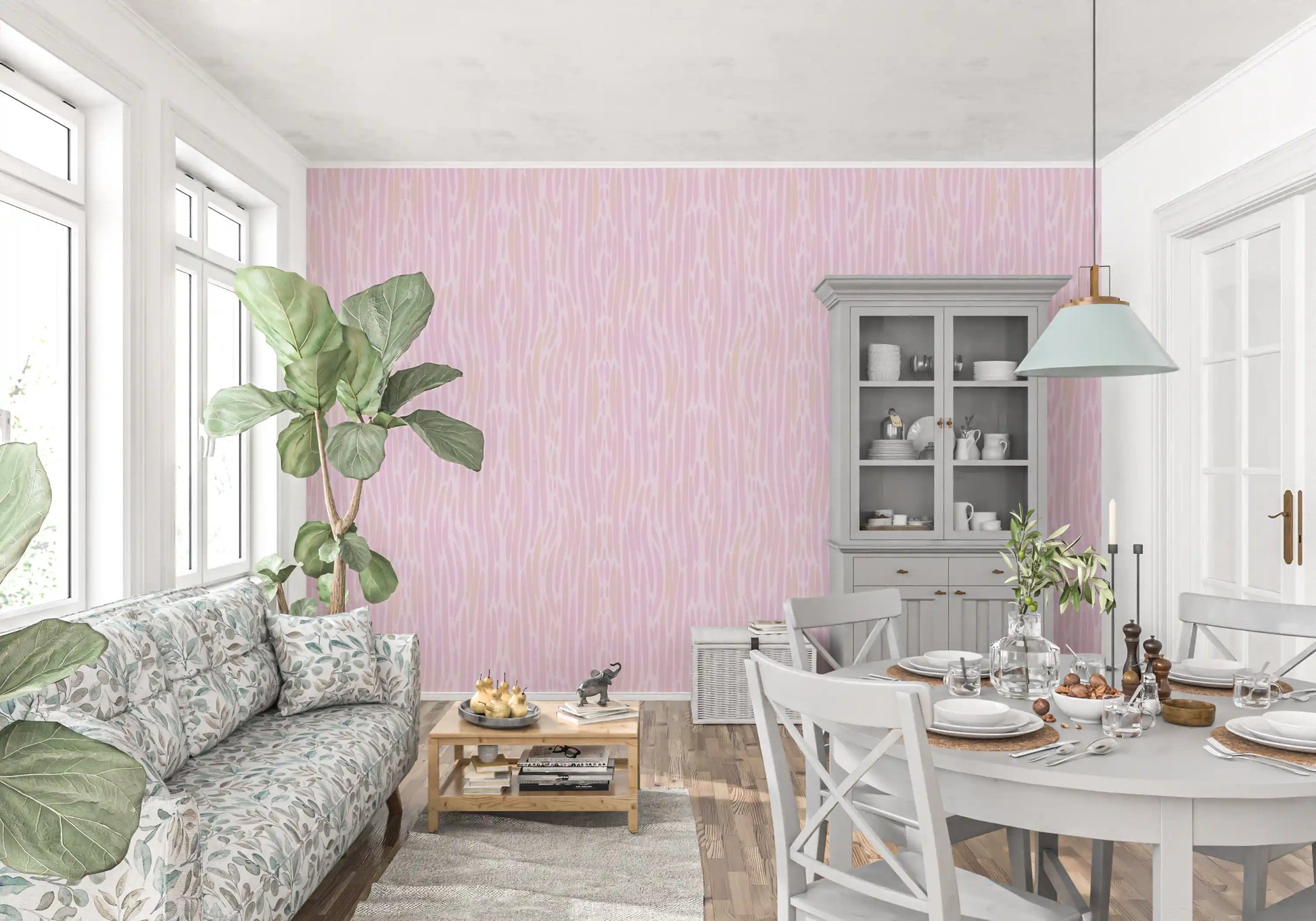Soft pastel Dining room finished with the blush pink watercolor wallpaper