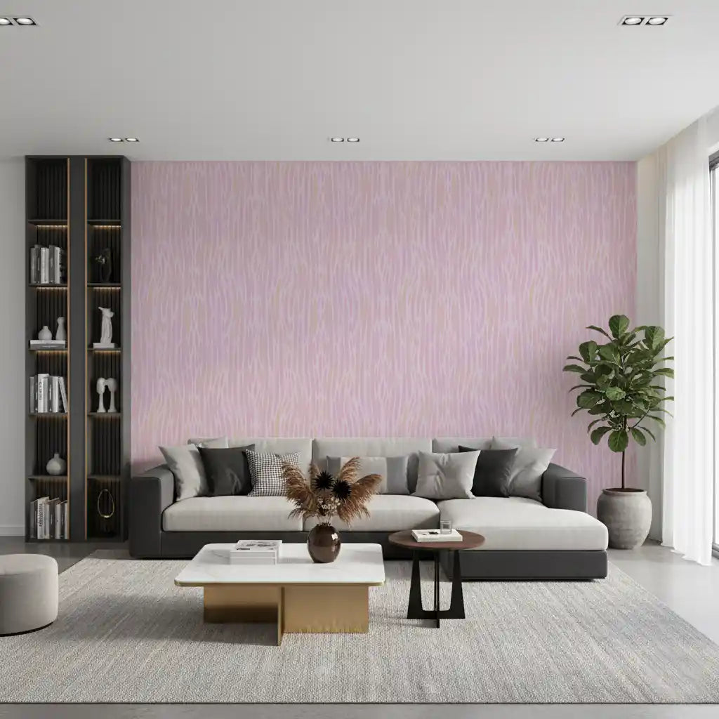 Open lounge styled with the Ethereal Blush Strokes pink wallpaper across the back 