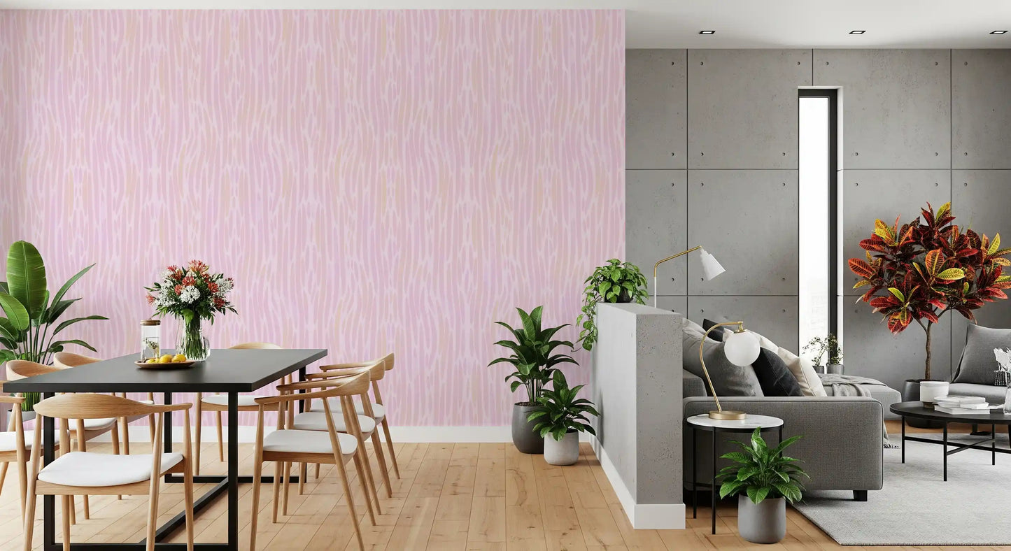Calm Dining and living room using the soft blush watercolor wallpaper with brush strokes