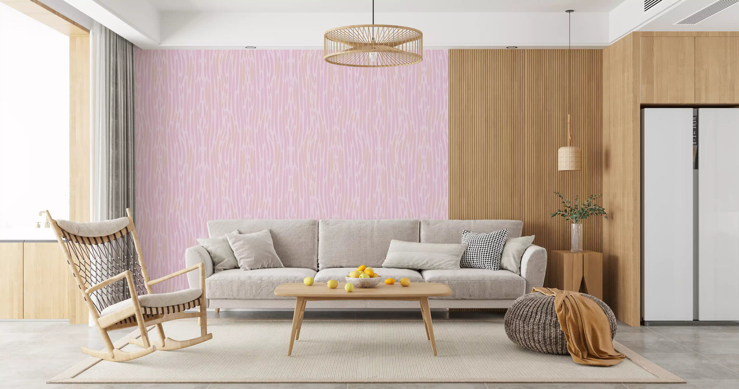 Pastel Living space showing the pink watercolor wallpaper with vertical strokes