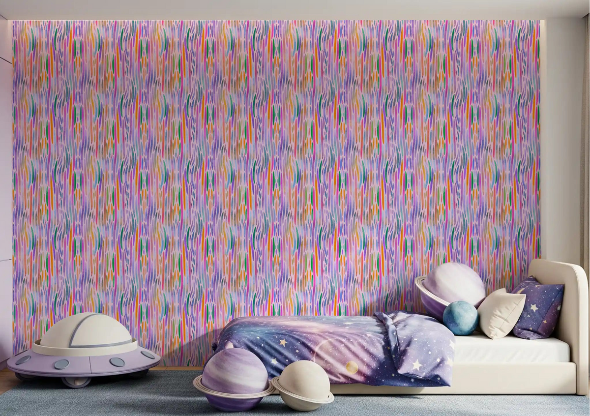 Kids' room feature styled with the multicolor rainbow chromatic flow pattern wallpaper