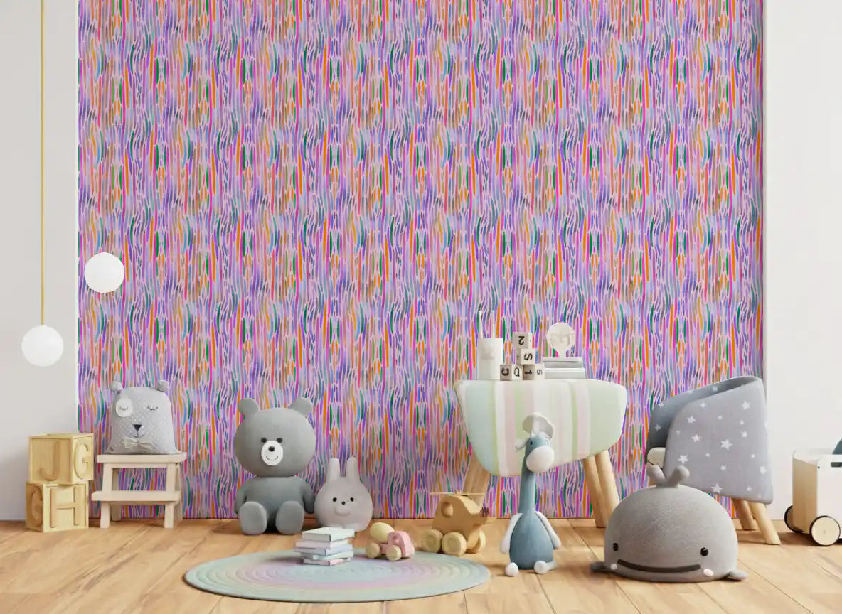 Children's room paired with the chromatic flow wallpaper in lively pink and purple tones