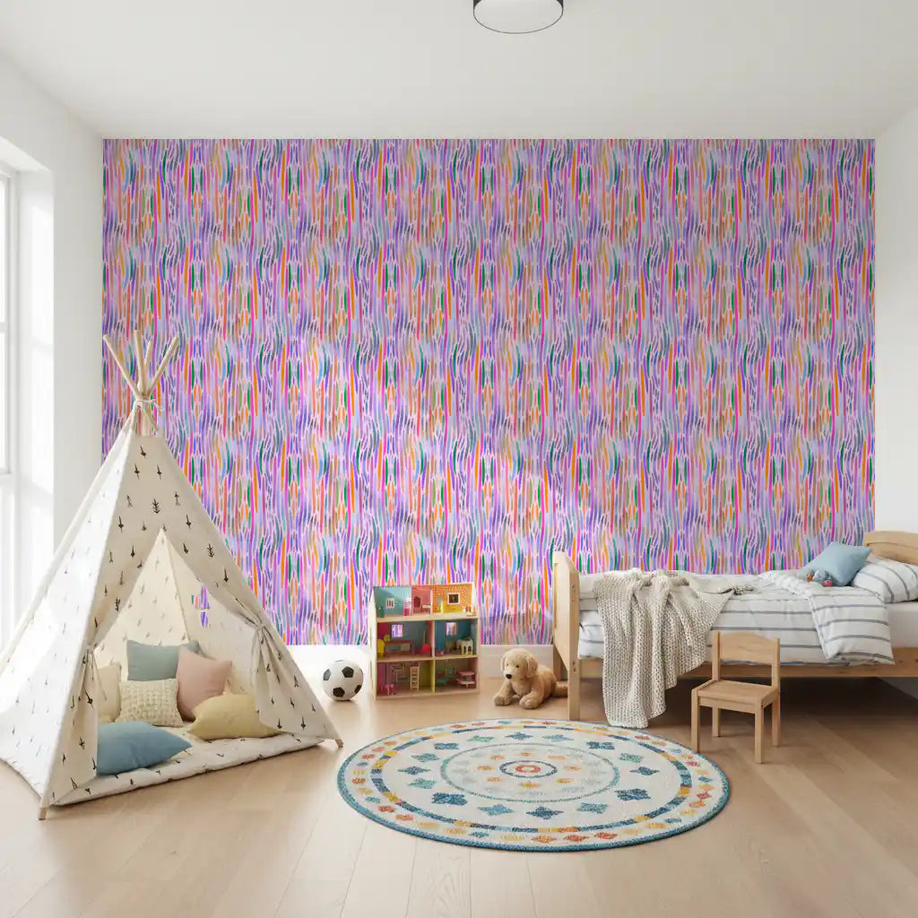 Playroom area styled around the multicolor pattern wallpaper in bright watercolour tones