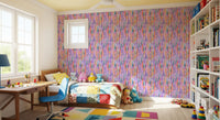 Girls' bedroom set against the rainbow chromatic wallpaper with vertical brushstroke flow