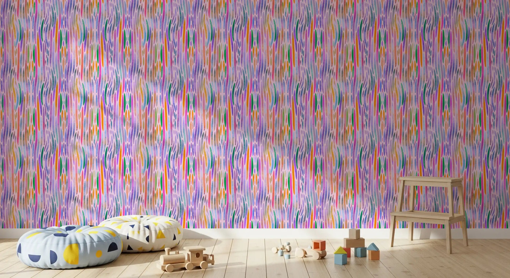 Loose brushstroke layers build the chromatic flow wallpaper with pastel washes between hues