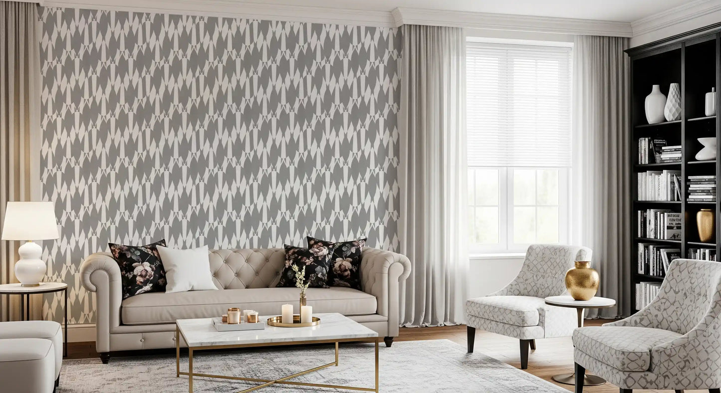 living room space covered in intricately detailed teardrop wallpaper