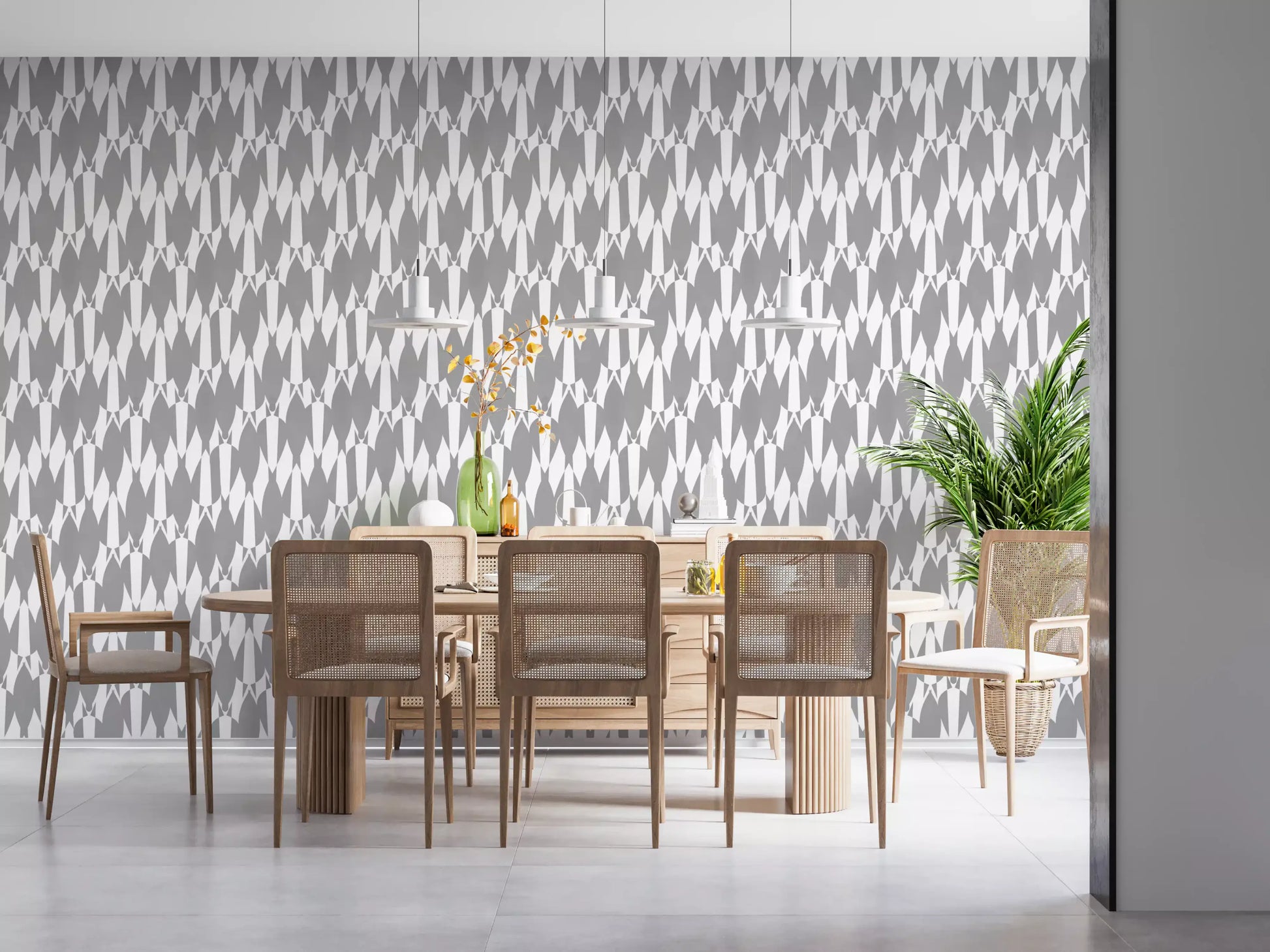 Intricately detailed teardrop wallpaper showing layered white shapes on gray