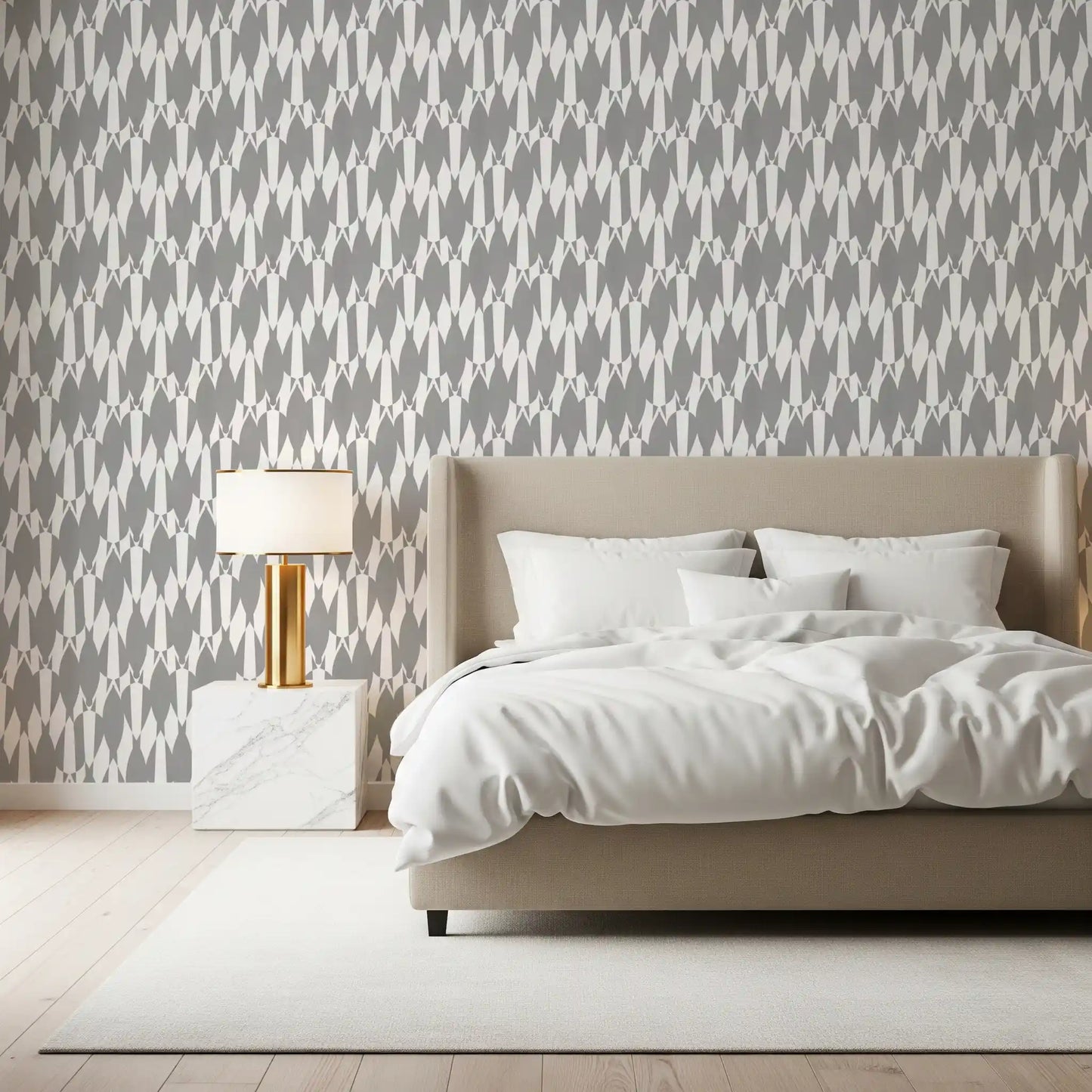 Teardrop geometry pattern wallpaper with crisp white forms on a soft gray ground
