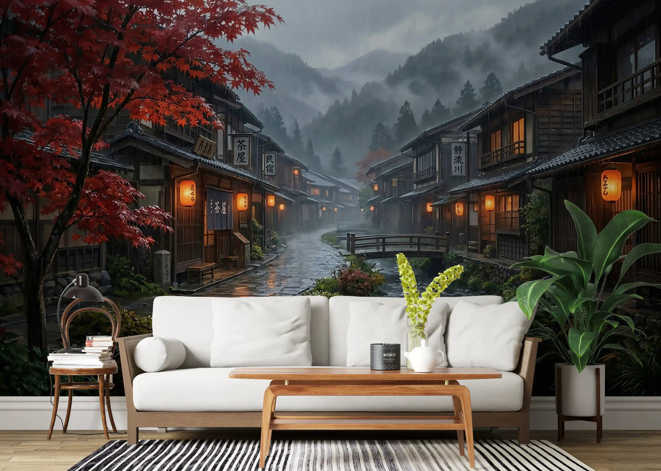 Crimson Rain Japan wall mural as the focal point of a living room