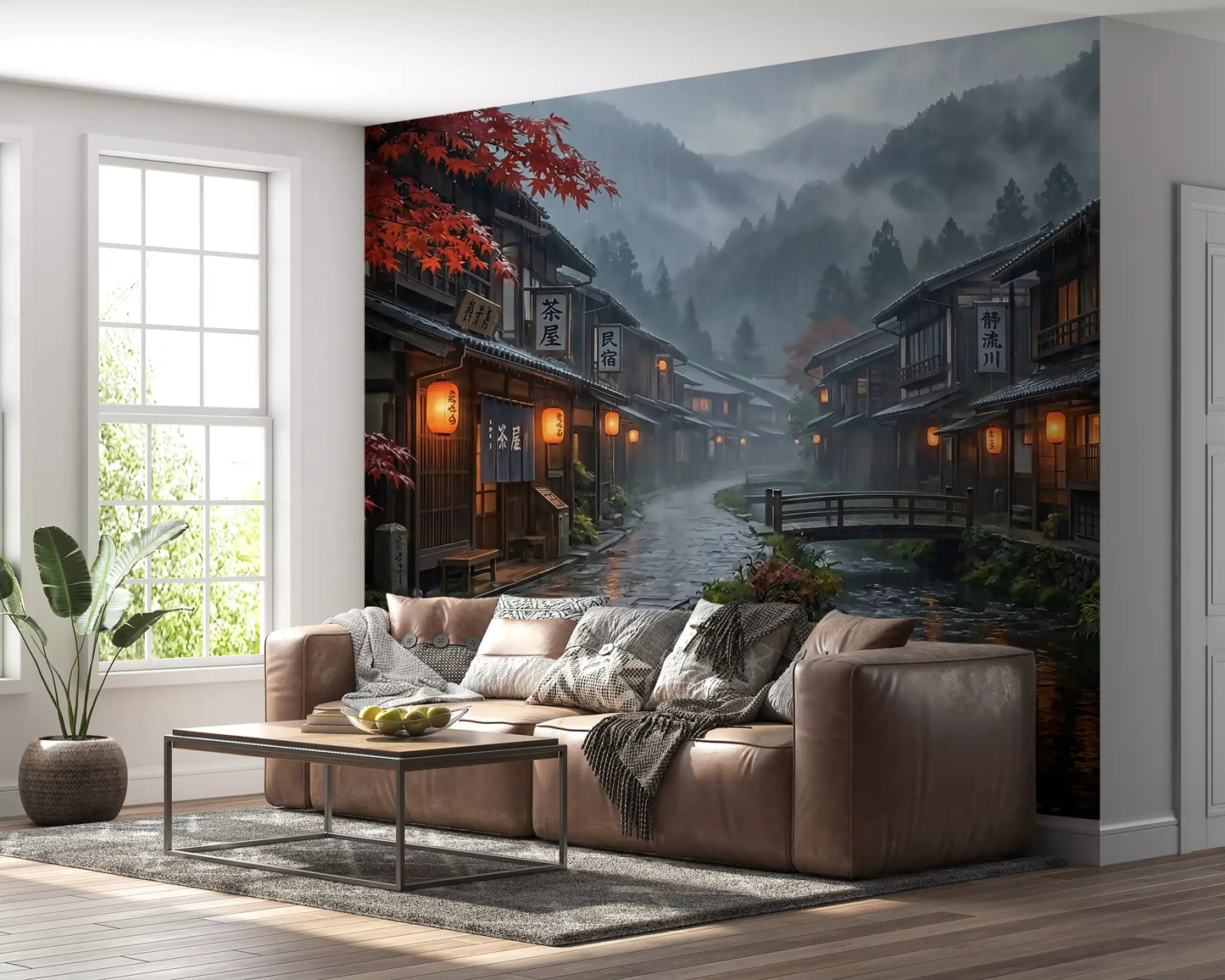 Wet cobblestone street with amber lanterns on a Japan rain scene wall mural