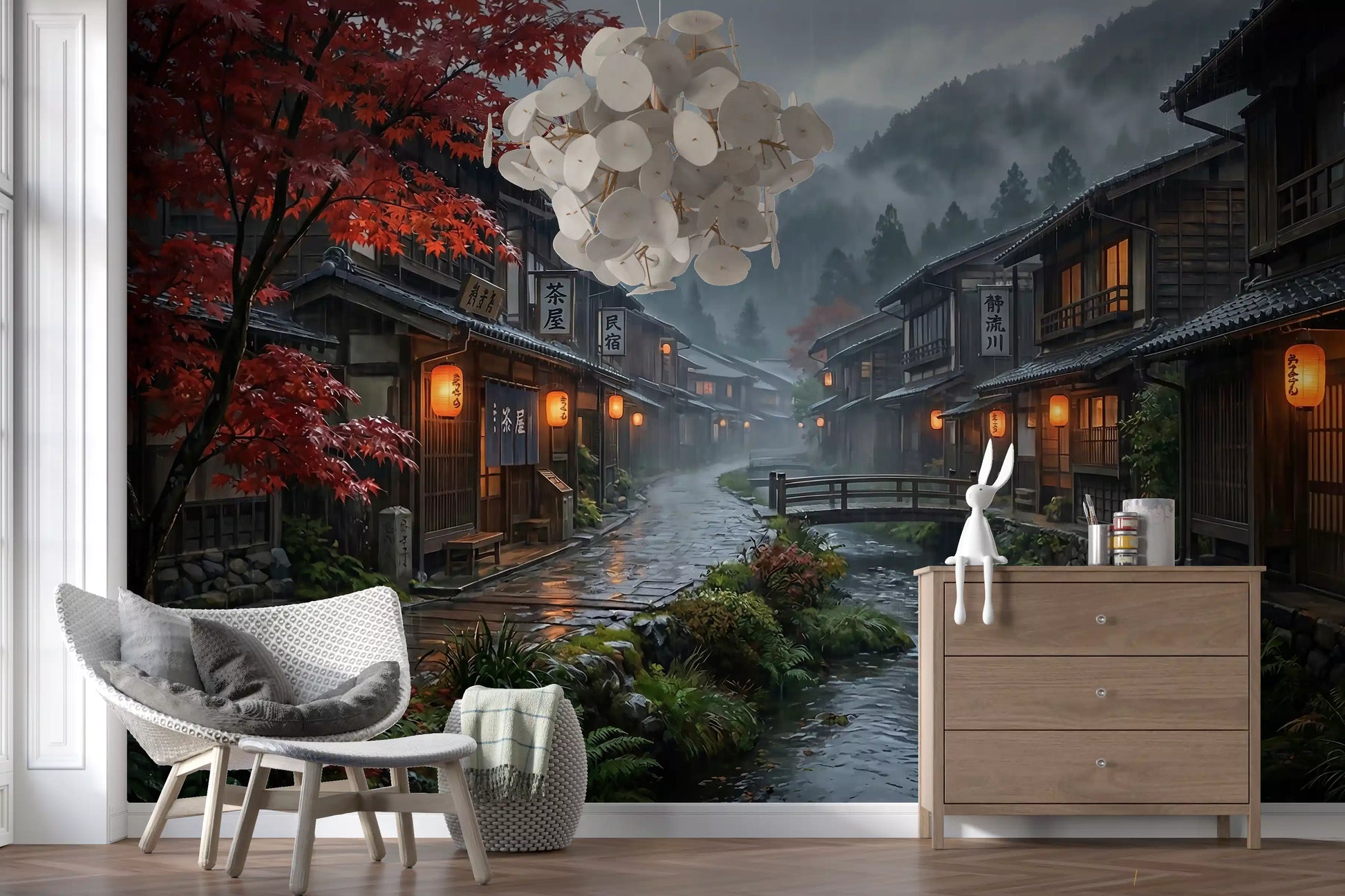 Japan rain scene wall mural giving a lounge its focal point