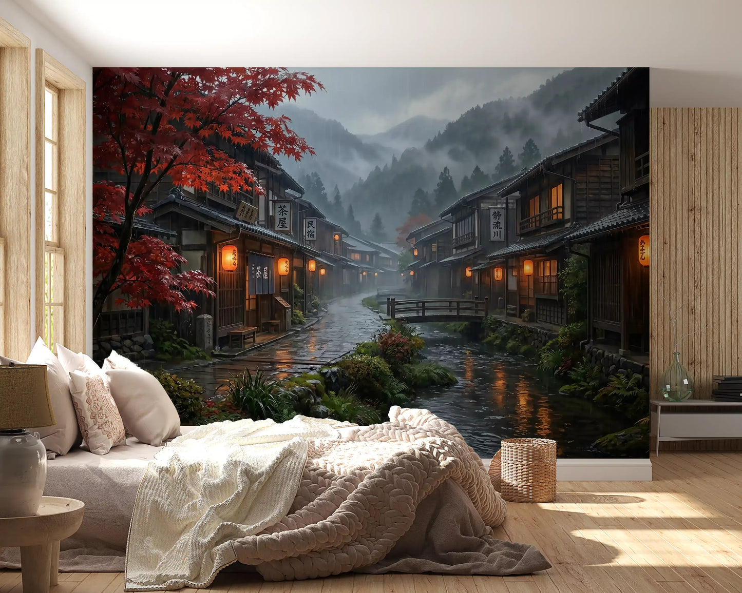 Japanese village wall mural anchoring a spacious modern bedroom
