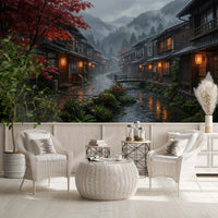 Old Japan village wall mural in a bright open Dining room setting