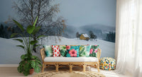 Mist-covered pine ridge visible in the background of Snowy Path wall mural