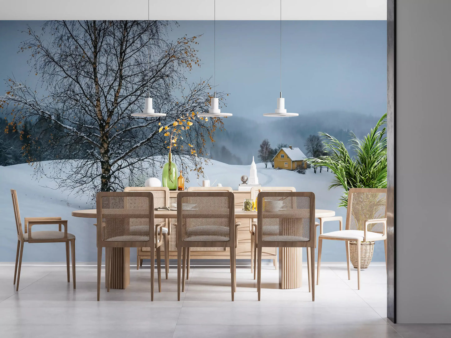 Winding snow trail leading to yellow cottage on this winter wall mural