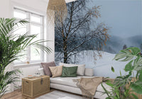 Snowy Path to Yellow House wall mural mounted in a Living room corner in soft winter hues