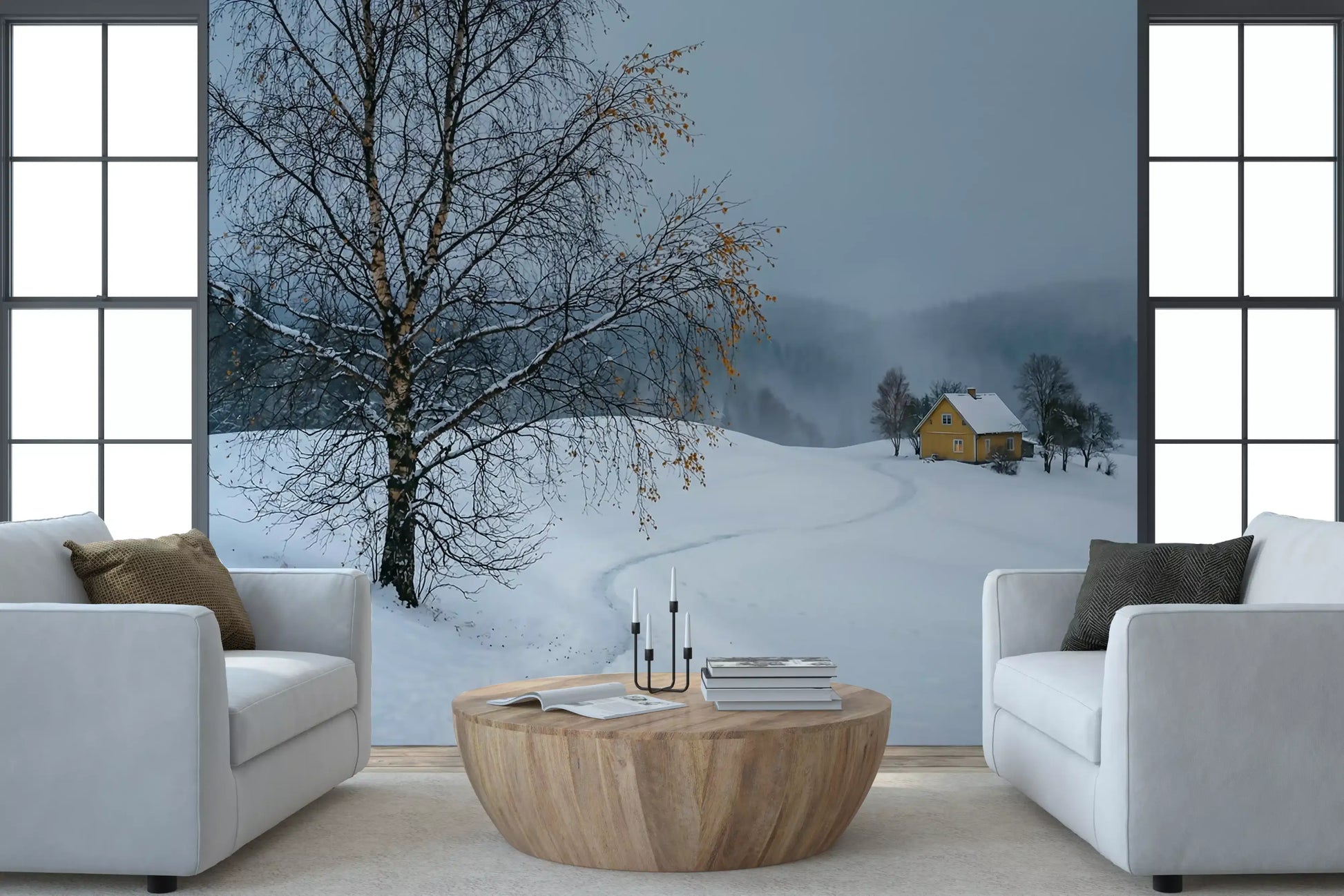 Snowy Path wall mural on a lounge bringing misty Nordic winter indoors