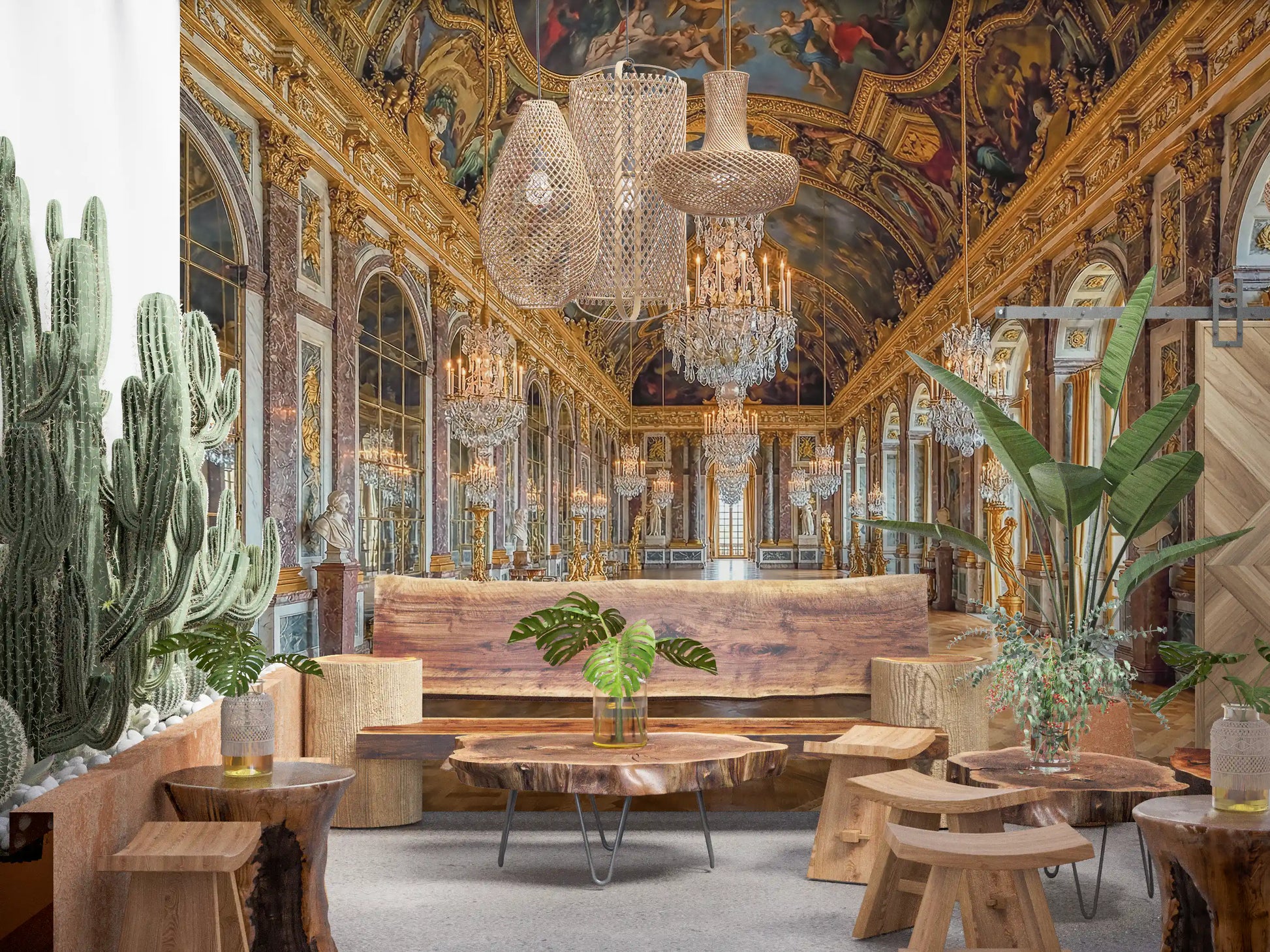 Versailles Palace wall mural covering a dining room in warm amber tones