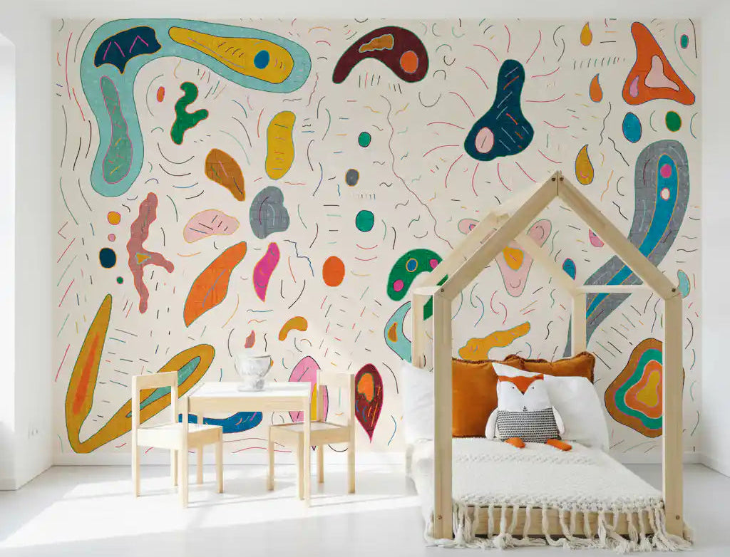 Playful Abstract Shapes wall mural covering the complete kids' room