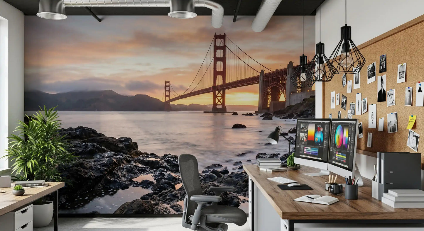 San Francisco Bay sunset wall mural framing the Dome office accent with bridge and rocky coast
