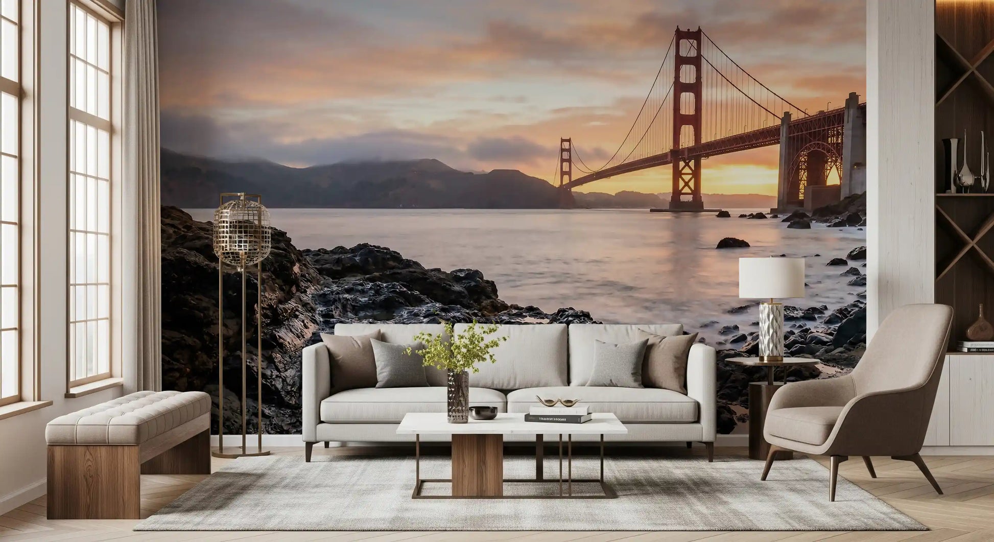 Textured dark rocks fill the foreground of the Golden Gate sunset wall mural scene