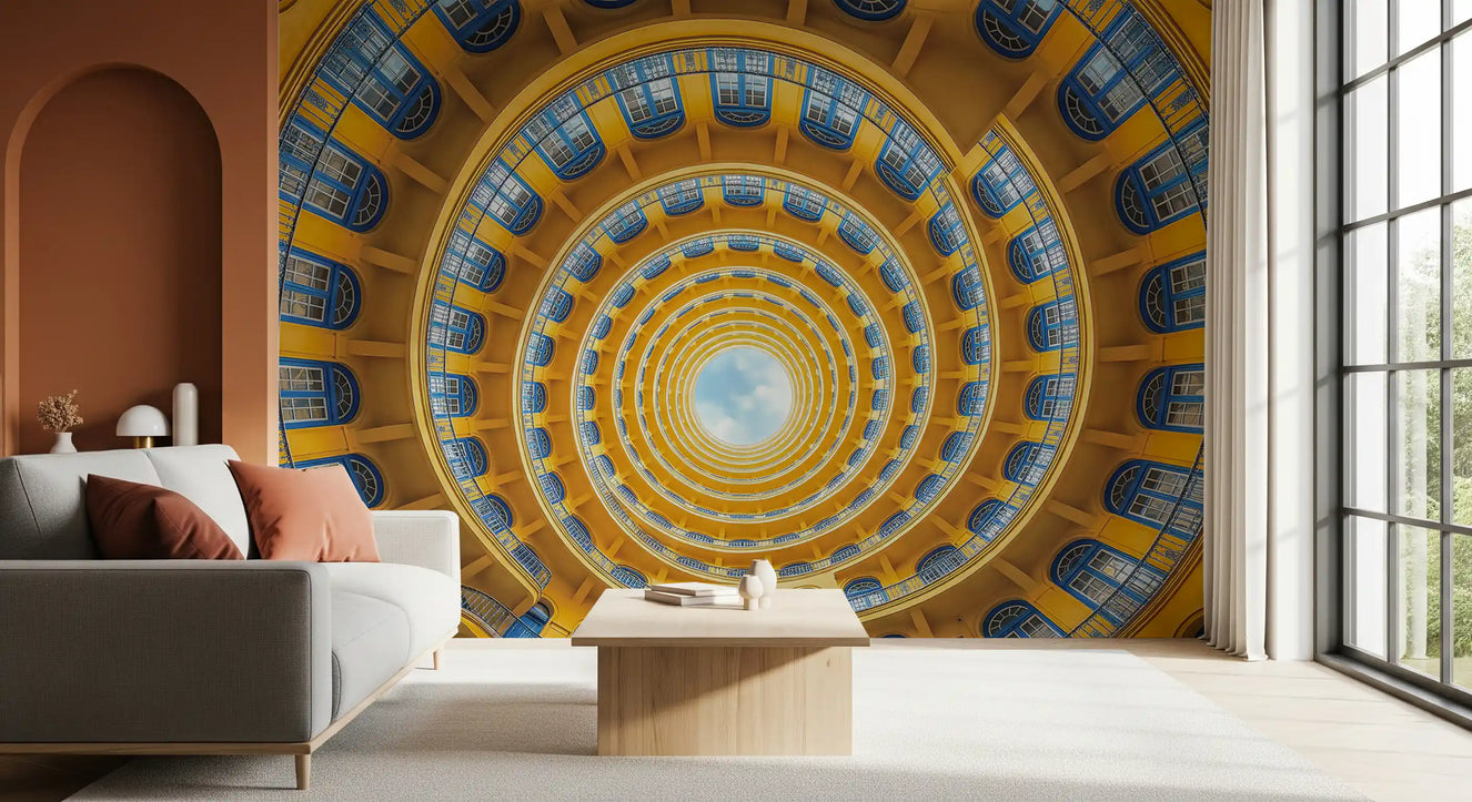 A Living room featuring the golden spiral architecture wall mural