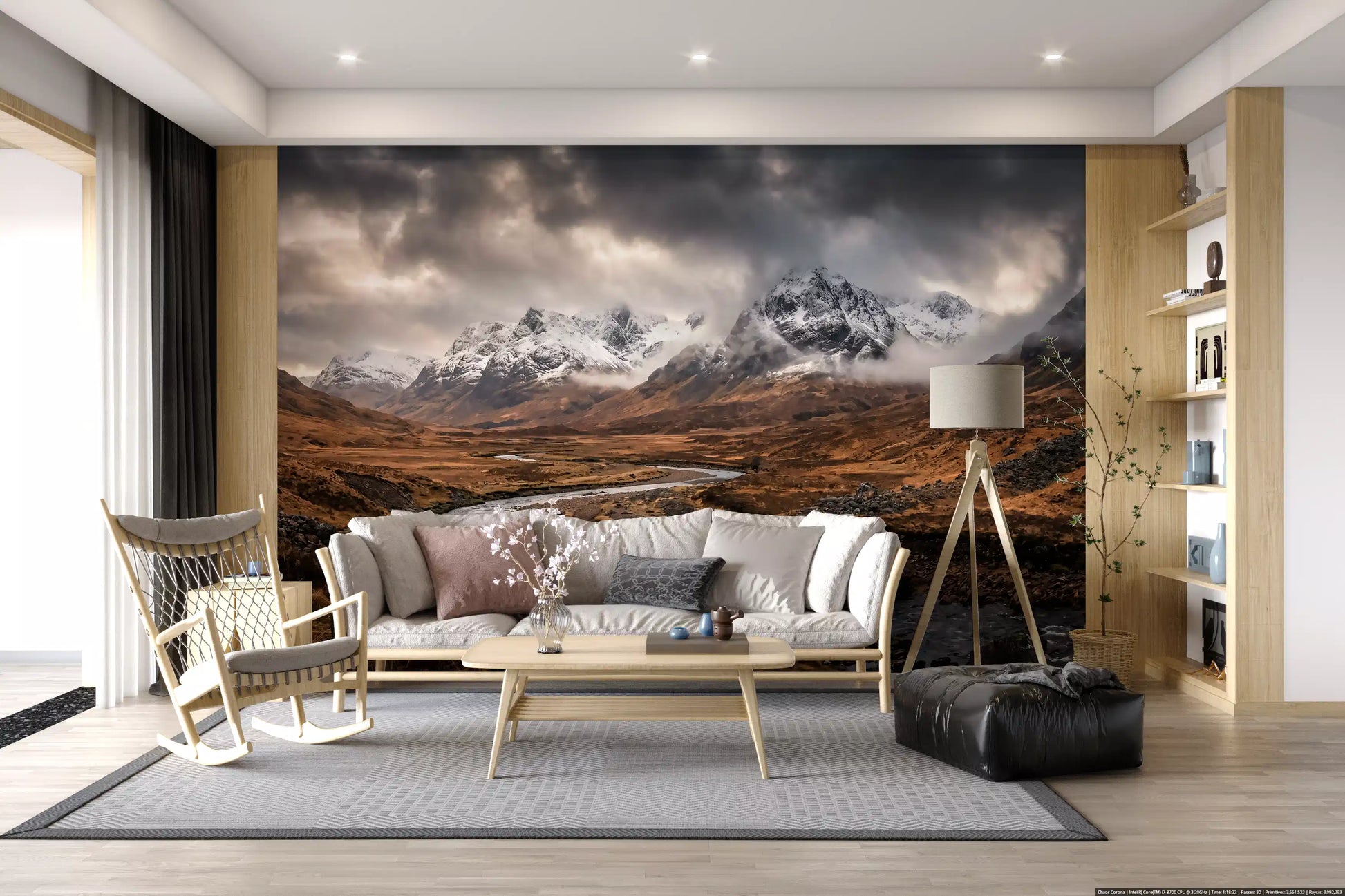 Highland river landscape wall mural filling a living room in warm amber and grey
