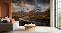 Snow-capped peaks wrapped in storm cloud on the Mountain Flow wall mural