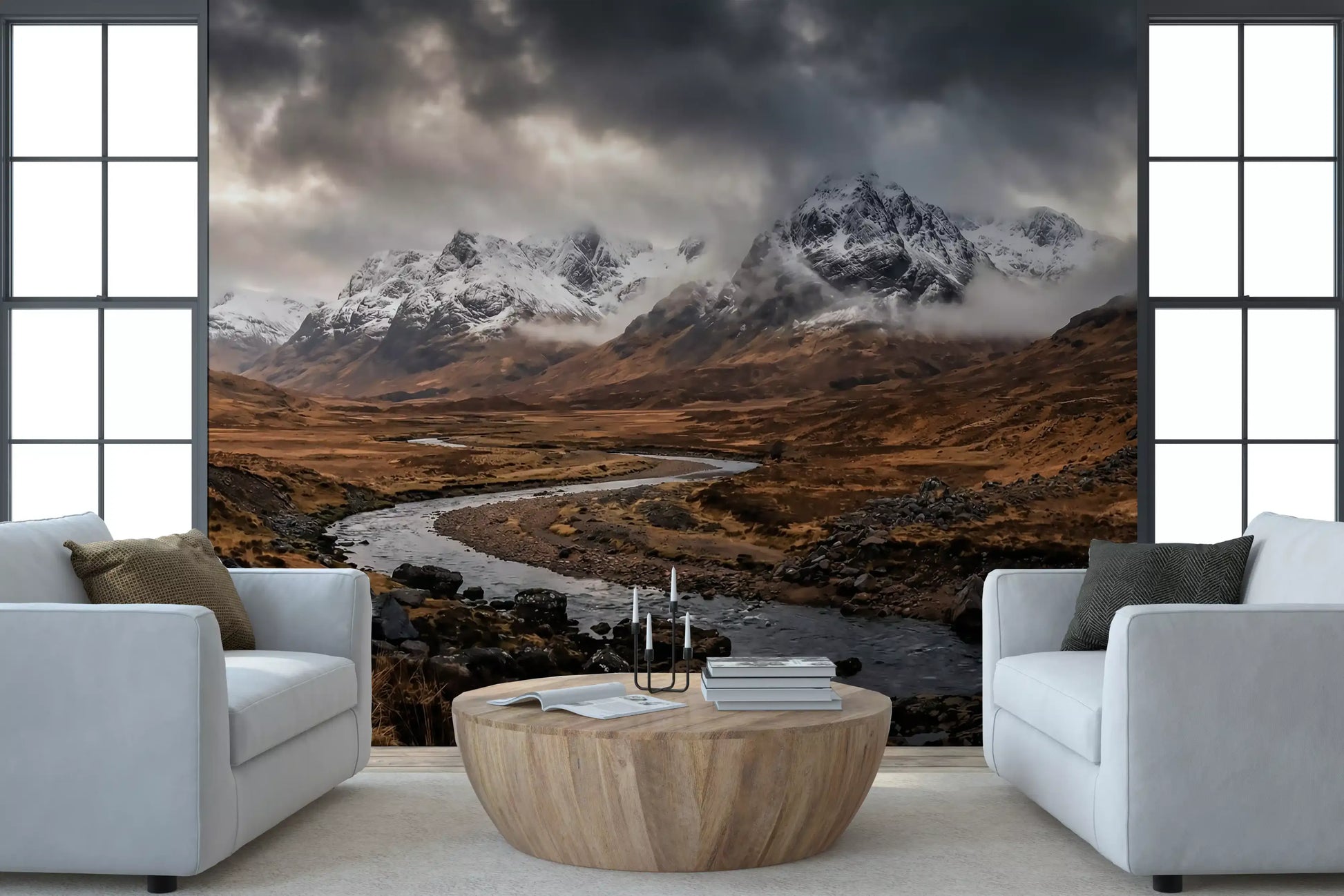 Rugged Mountain Flow wall mural lining a hallway in storm cloud grey and amber
