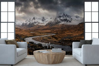 Rugged Mountain Flow wall mural lining a hallway in storm cloud grey and amber
