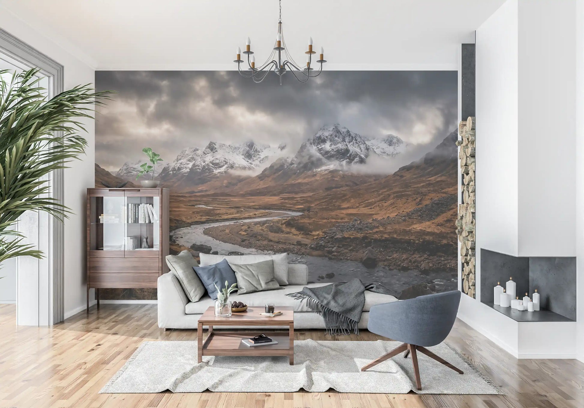 Golden moorland grasses covering the valley floor in this highland wall mural