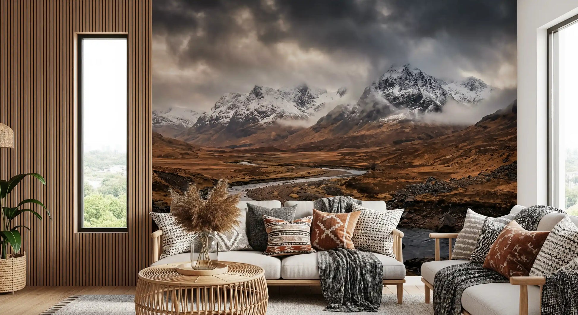 Mountain Flow wall mural spanning a Living room in moody dark brown and slate