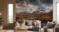 Mountain Flow wall mural spanning a Living room in moody dark brown and slate