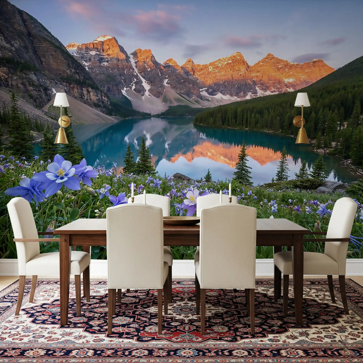 Alpine Glow wall mural spanning a dining room back surface in warm orange tones