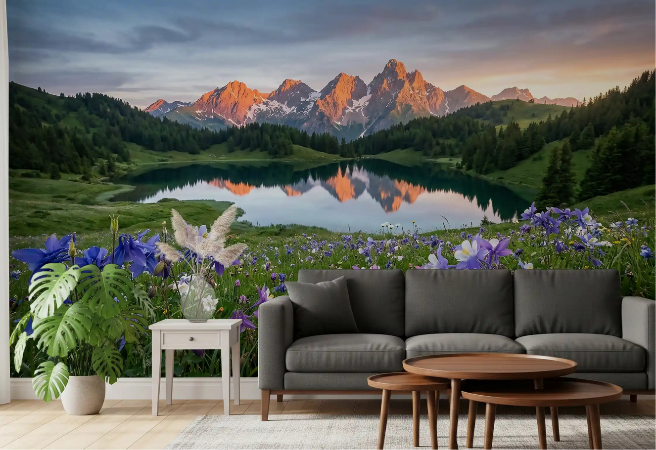 Alpine Glow wall mural as the centrepiece of an open living room